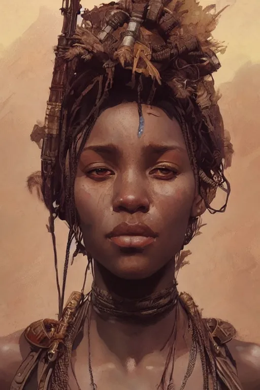 Prompt: A full portrait of a beautiful post apocalyptic African explorer, intricate, elegant, highly detailed, digital painting, artstation, concept art, smooth, sharp focus, illustration, art by Krenz Cushart and Artem Demura and alphonse mucha