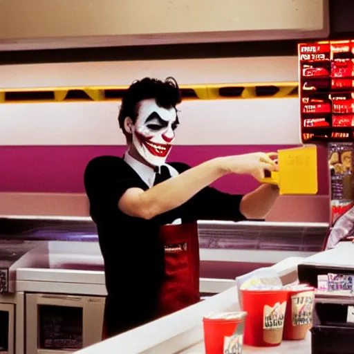 Image similar to joker 1 9 8 9 working in mcdonalds behind counter, facepaint coming off, movie still, dslr