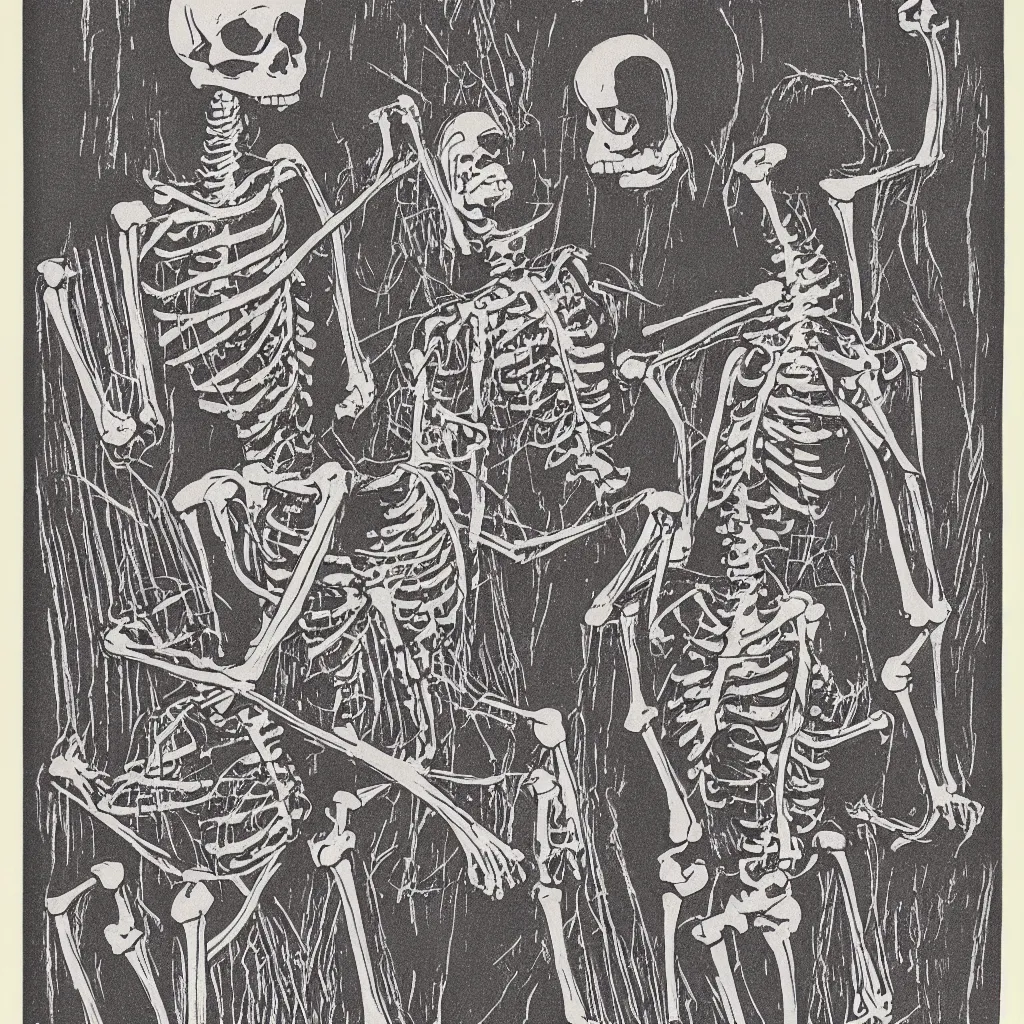 Image similar to vintage risograph of cartoon skeleton