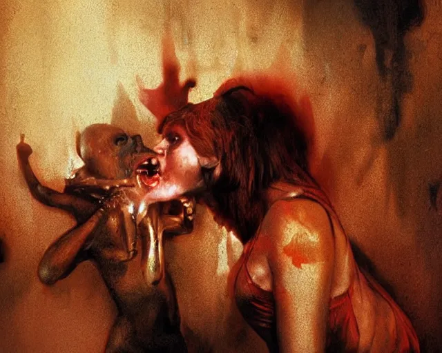 Image similar to underground carnival scene from a 7 0's movie by chris cunningham, kenneth anger and alejandro jodorowsky : : actor pulling an actress out of an animal's mouth : : ultra realistic, concept art, highly detailed by greg rutkowski, craig mullins, simon bisley