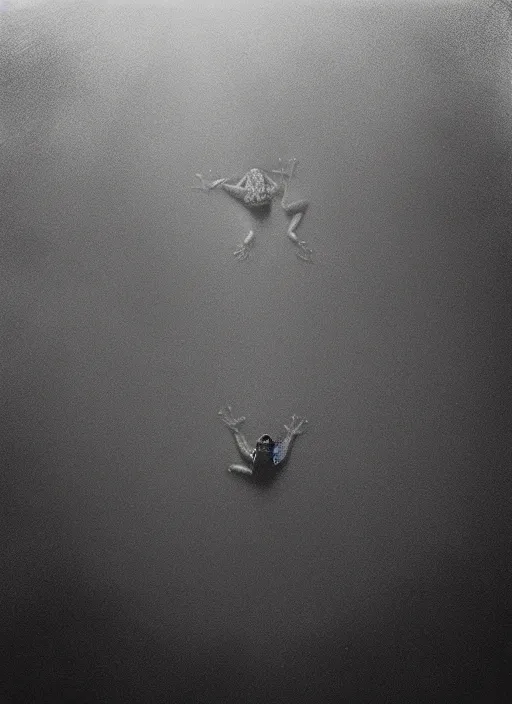 Image similar to “semitranslucent smiling frog amphibian vertically hovering over misty lake waters in Jesus Christ pose, low angle, long cinematic shot by Andrei Tarkovsky, paranormal, eerie, mystical”