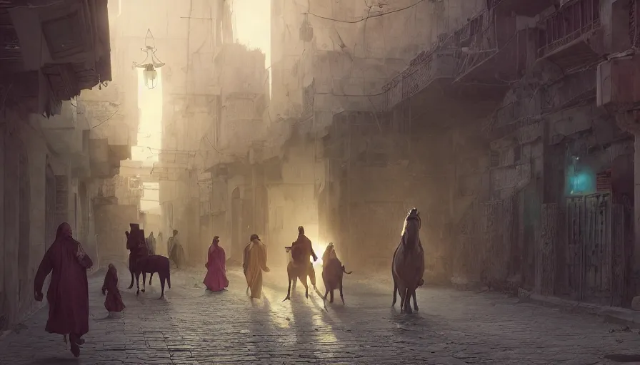 Prompt: old jeddah city alley, roshan, shops, horse, magical glowing time portal, a nomad wearing a worn out coat, plants, kids, dramatic lighting sci fi, by caspar david friedrich by beeple and james gilleard and justin gerard, centered, artstation, smooth, sharp focus, photoreal octane render, 3 d, by jean baptiste monge