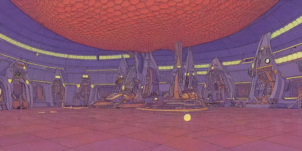 Image similar to cel shaded cinematic shot of the interior of a sci-fi space station with ornate Elven architecture bustling with various intelligent alien species, epic castle, emerald, crystalline, detailed illustration, sharp focus, clean lines, art by Moebius, Jean Giraud Moebius comic illustration