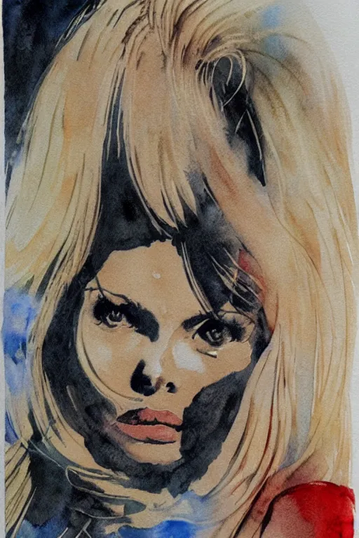 Image similar to Brigitte Bardot by Otomo Katsuhiro, character art, watercolour