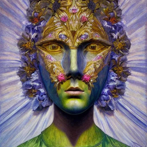 Image similar to masterpiece painting of a facemask made of flowers, by annie swynnerton and jean delville and tino rodriguez and diego rivera, stylized, flower mask, symbolist, dramatic lighting, god rays, elaborate geometric ornament, clean crisp graphics, soft cool colors, smooth sharp focus, extremely detailed