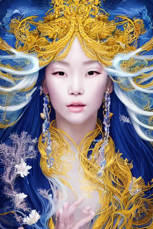 Image similar to a beautiful young Asian woman, Queen of the Sea Mu Yanling, long flowing white hair, blue and yellow robe with wide feather like quality, water flowing and floating around, young female face, liquid magic, cinematic top lighting, insanely detailed and intricate, face by wlop, Charlie Bowater, golden ratio, symmetrical proportions, elegant, ornate, luxury, elite, matte painting, MTG, magic the gathering, trending on artstation, cinematic, cgsociety, 8k, high resolution,