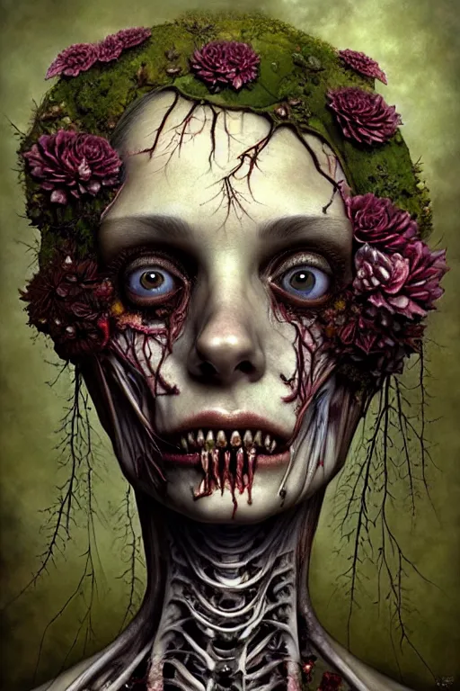 Image similar to very sad and detailed rotten woman corpse with fractal plants and fractal flowers growing around her face muscles, veins, arteries, bones, anatomical, skull, eye, ears, intricate, ornate, surreal, ray caesar, john constable, guy denning, dan hillier