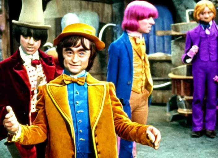 Image similar to film still of Daniel Radcliffe as Willy Wonka in Willy Wonka and the Chocolate Factory 1971