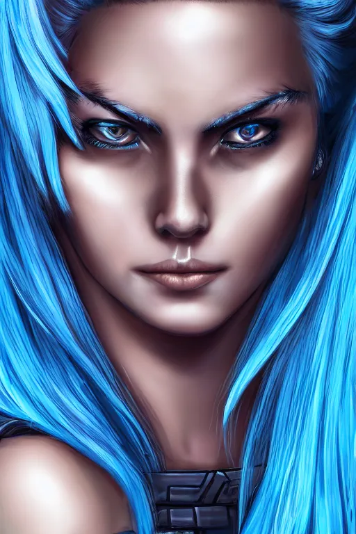Prompt: female mercenary guard, bright blue hair, pretty face, ultra detailed, digital art, 8k ,character ,realistic, portrait, hyperrealistic