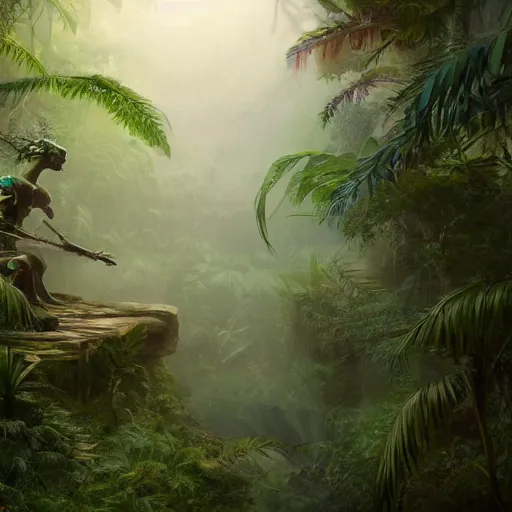 Prompt: vibrant matte painting of a realistic Cyborg in a misty jungle by Yuuki Morita, trending on artstation, unreal engine, 4k