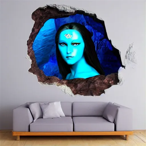 Image similar to mysterious divine goddess with bright blue eyes in a dark cave, photo 3 d,