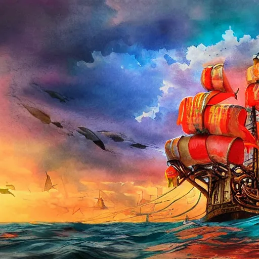 Prompt: pirate ship made of sea coral, beautiful composition, wide angle, colorful, cinematic, volumetric lighting, intricate details painting