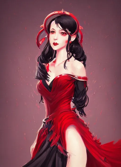 Prompt: a highly detailed illustration of beautiful hime cut black haired tall woman wearing red dress, dramatic smiling pose, intricate, elegant, highly detailed, centered, digital painting, artstation, concept art, smooth, sharp focus, league of legends concept art, wlop