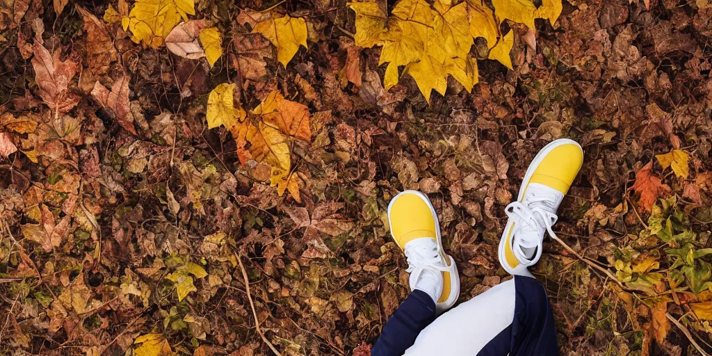 Prompt: female laying down wearing yellow velor sweat suit and dirty heavily worn white keds slip on tennis shoe with toes pointing up covered by dark colored leaves and twigs from the calf and up in eery forest with lots of dark colored leaves and foliage, sunlight streaming down, highly detailed, unreal engine