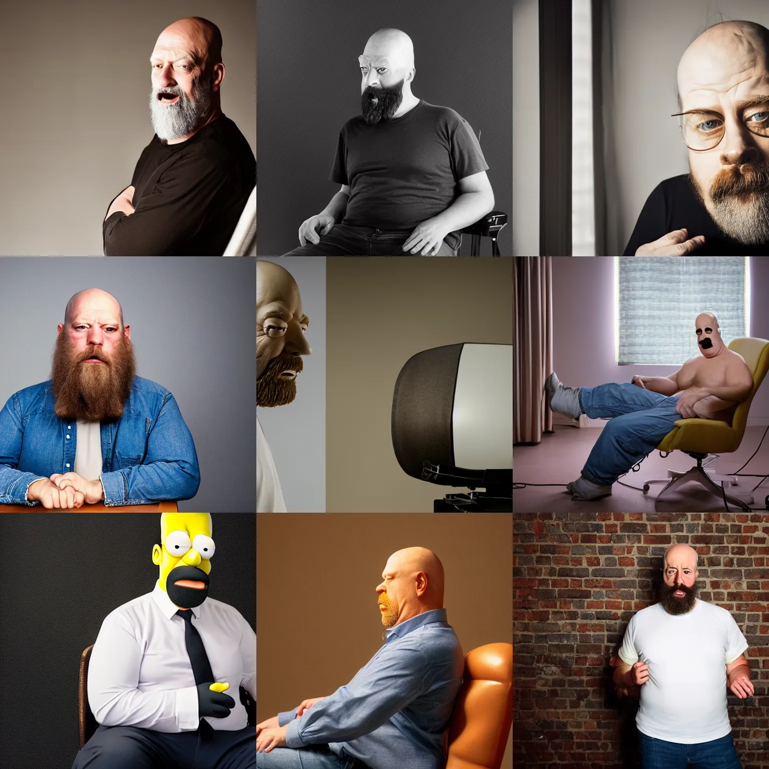 Prompt: film still from dlsr photo of homer simpson face as a white man with beard stubble taken in studio lighting sitting on chair by Annie Leibovitz