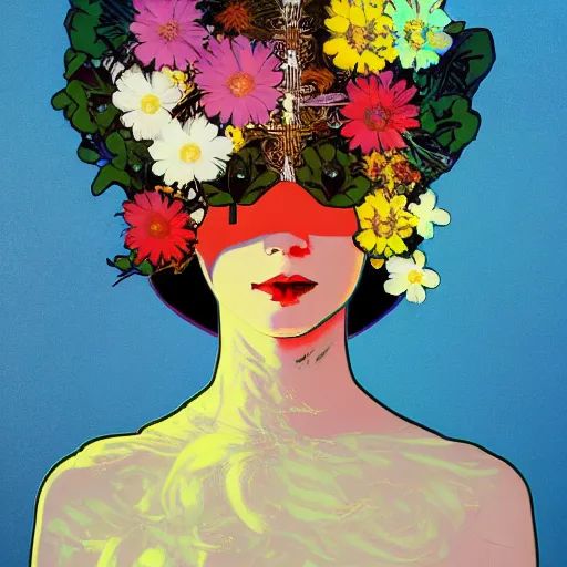 Image similar to a beautiful painting of a girl in a field of flowers with a helmet by andy warhol and conrad roset and alphonse mucha and nekro. in style of digital art. colorful comic, film noirs, symmetry, sharp lines, hyper detailed. octane render. trending on artstation