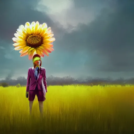 Image similar to huge daisy flower head, frontal, a girl in a suit, surreal photography, sunrise, dramatic light, impressionist painting, digital painting, artstation, simon stalenhag