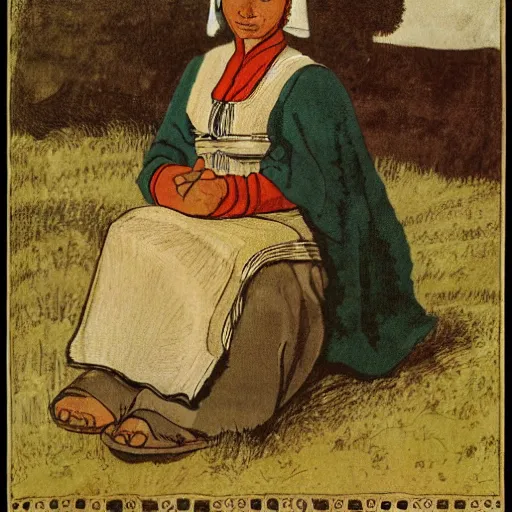 Prompt: an illustration of a young peasant woman by lisbeth zwerger