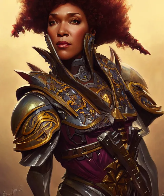 Image similar to Moira Stewart as Warhammer 40k Battle Sister, portrait, fantasy, intricate, elegant, highly detailed, digital painting, artstation, concept art, smooth, sharp focus, illustration, art by artgerm and greg rutkowski and alphonse mucha