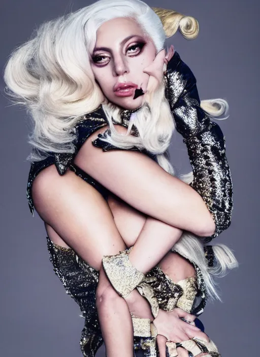 Prompt: lady gaga in the born this styled by nick knight posing, born this way 2 0 1 1 album inspired, photohoot, set pieces, intricate set, vogue magazine, canon, highly realistic. high resolution. highly detailed. dramatic. 8 k. 4 k.