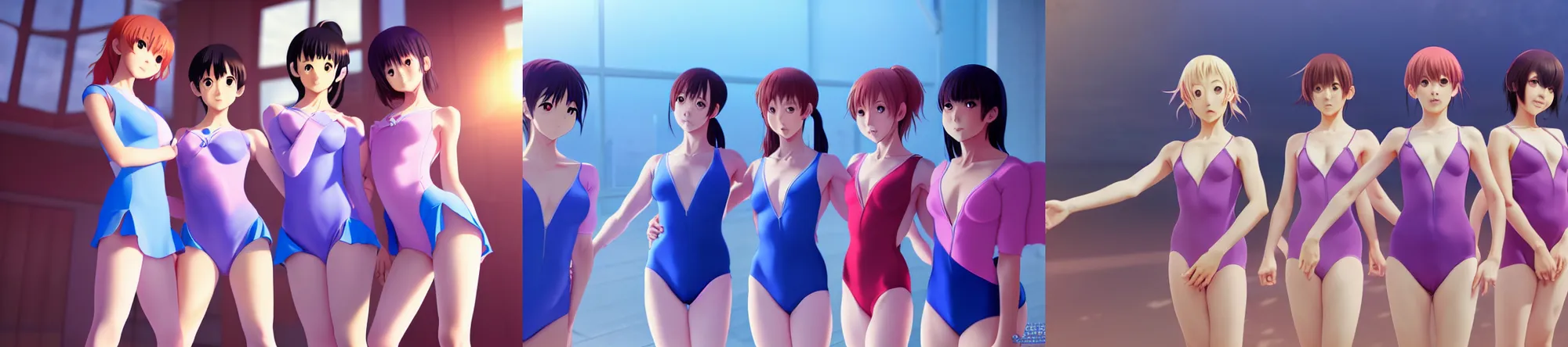 Prompt: beautiful, perfect, epic 8 k hd anime shot, three j - pop idols av actresses in japanese girl band, posing together in leotards. soft volumetric light. by amagaitaro, makoto shinkai, krenz cushart, asao urata, pixiv