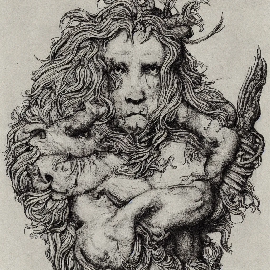 Image similar to human / eagle / lion / ox hybrid. horns, beak, mane, human body. drawn by da vinci