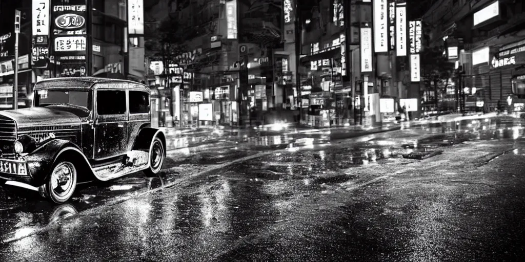 Prompt: close up macro shot of a ford t car on wet tokyo street at night, intricate, hyper detailed, smooth, dramatic lighting, cinematic