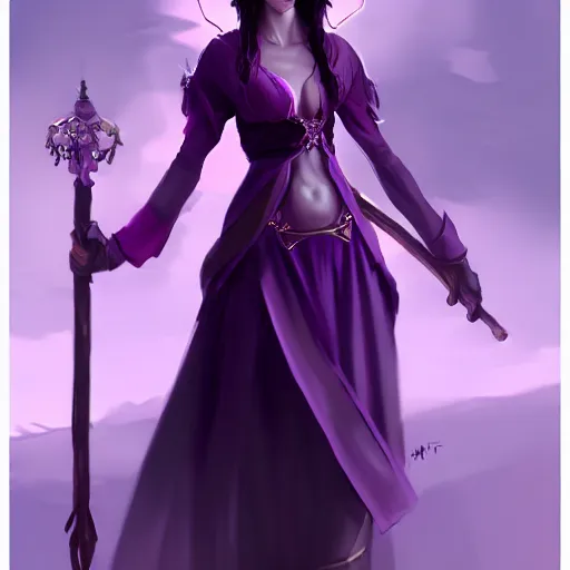 Prompt: a woman in a purple dress holding a staff, concept art by li fangying, artstation contest winner, fantasy art, dark and mysterious, artstation hd, concept art