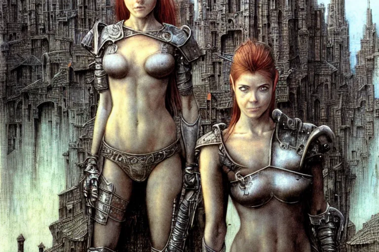 Image similar to cute young alyson hannigan with short hairs in medieval city by luis royo and wayne barlowe, beksinski