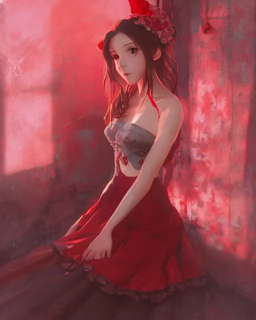 Prompt: aerith gainsborough in red lace skirt, portrait, illustration, rim light, top light, perfectly shaded, spring time, slight overcat lighting, soft painting, art by krenz cushart and wenjun lin