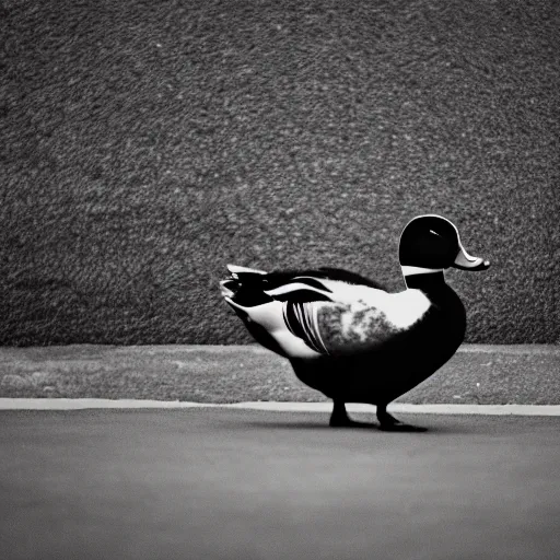 Image similar to Duck in black, film, cinematic, 4k, HD, ultrarealistic