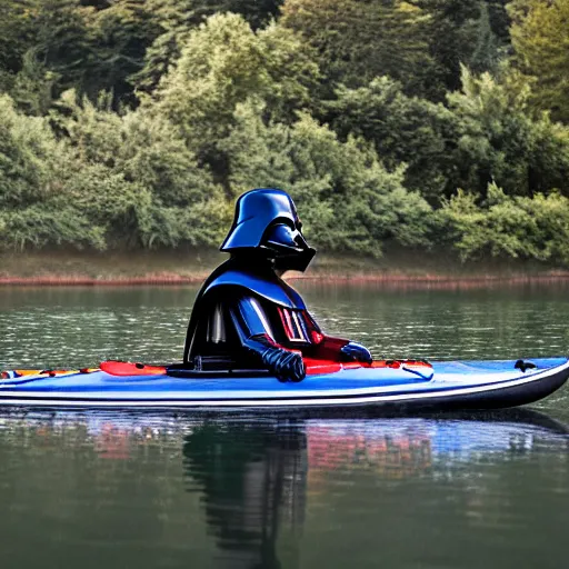 Image similar to darth vader fighting pennywise the clown on a kayak in the middle of a creepy lake, ultra high def, hyper realistic, photo