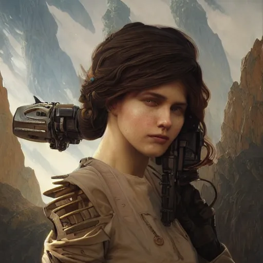 Image similar to portrait painting of a futuristic rugged female rebel, alien world, colonisation, ultra realistic, concept art, intricate details, eerie, highly detailed, photorealistic, octane render, 8 k, unreal engine. art by artgerm and greg rutkowski and alphonse mucha