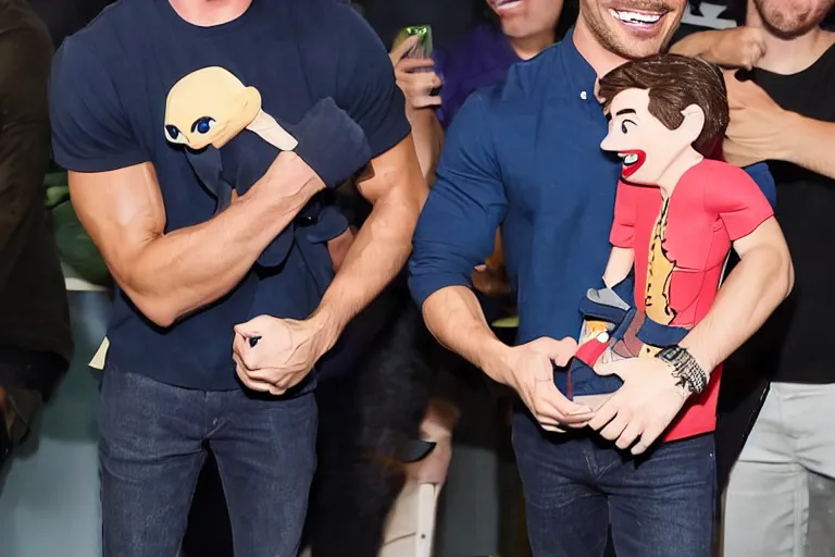 Prompt: studio lit zac efron laughing maniacally while holding a ventriloquist puppet of a fearful tom holland