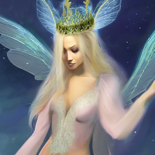 Prompt: a fairy queen with wings wearing a magic silk and lace robe with a hood, crown, pixie, realism, emerald, galaxy, sapphire,blonde hair going down to the floor, moonlit, dark fantasy, dramatic lighting, cgsociety, artstation