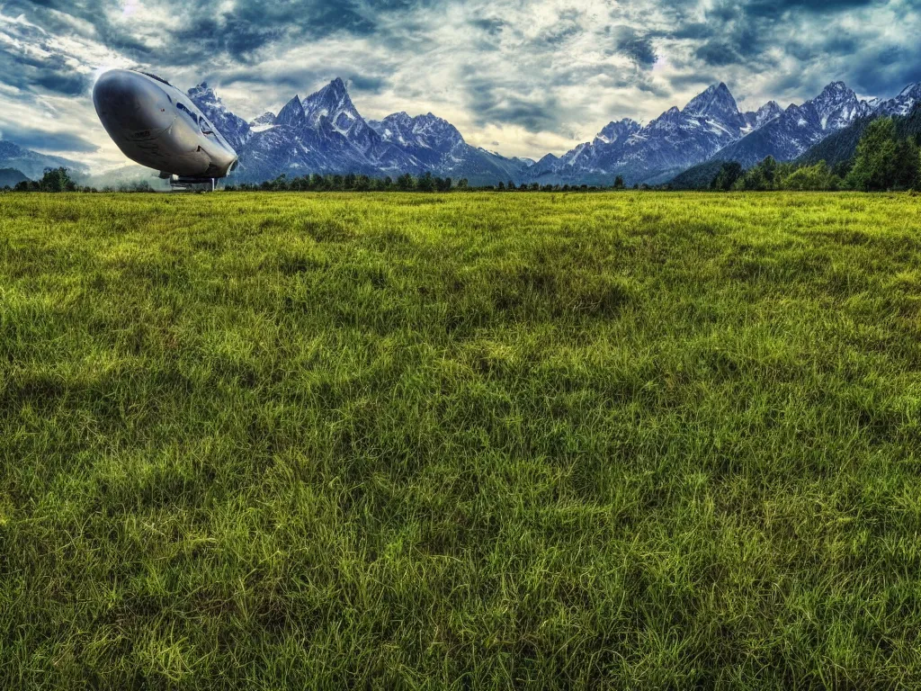 Prompt: a highly detailed HDR DSLR landscape photo of huge spaceship landing on a lush grass planet with beautiful mountains far away