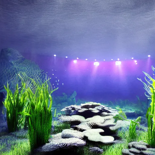 Image similar to octane render filtered lighting overgrown seaweed underwater theater 4 k