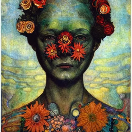 Image similar to the android in her flower mask, by Annie Swynnerton and Diego Rivera, symbolist, dramatic lighting, elaborate geometric ornament, Art Brut ,god rays, soft cool colors,smooth, sharp focus, extremely detailed, Adolf Wölfli