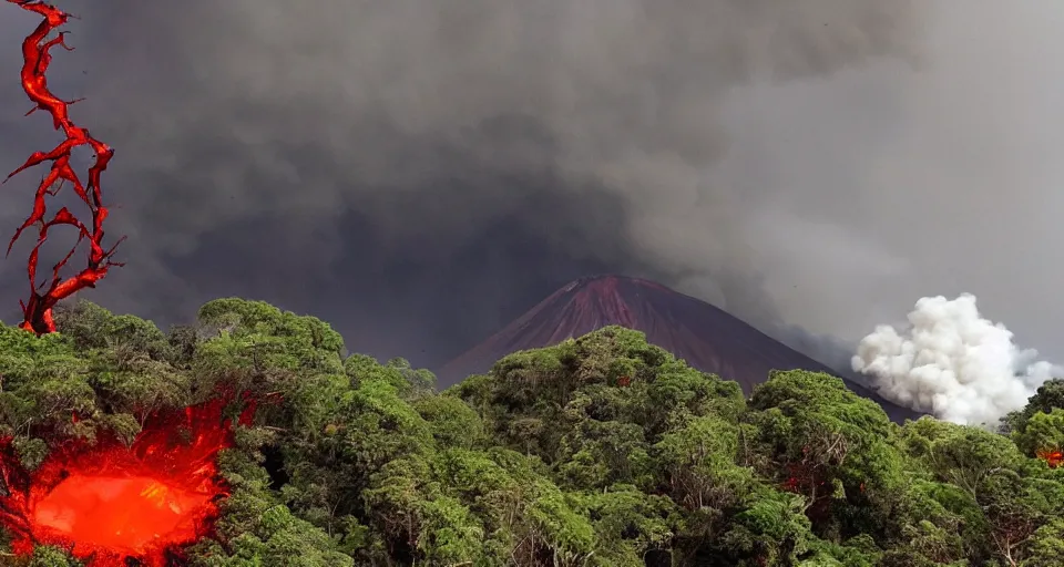 Image similar to a volcano made of ivory vines and crimson rocks enters in eruption, it spits a smoke in the shape of demonic eye, from Naruto