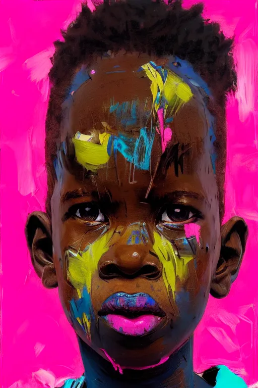 Image similar to portrait of a african young angry boy painted in acrylic, pigment, in the colors hot pink and cyan, beautiful realistic face, rule of thirds, spotlight, by greg rutkowski, by jeremy mann, by francoise nielly, by van gogh, by ross tran, in focus