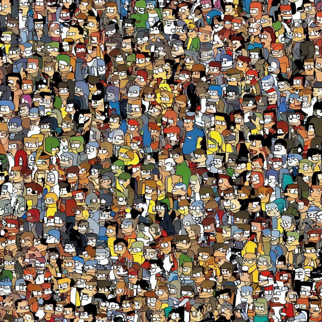 Image similar to where's waldo in the futurama, bender.