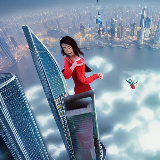 Image similar to spuergirl flying upon shanghai lujiazui, cityscape, cloud day, artstation, 8 k