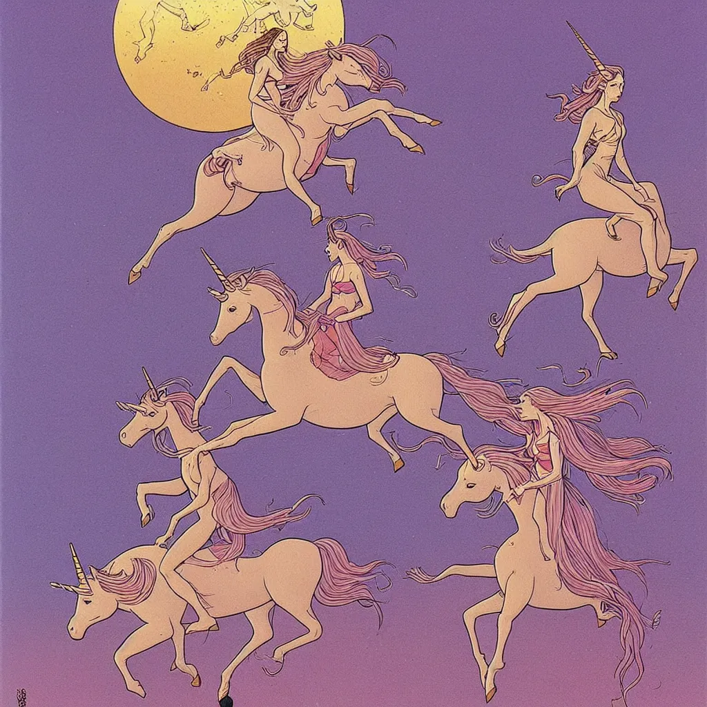 Prompt: woman riding a unicorn by moebius