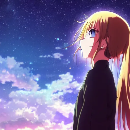 Prompt: key anime visual of a girl looking at a sky full of stars, detailed digital painting, sharp official media, extreme wide shot cold backlit beautiful lighting, stunning vfx