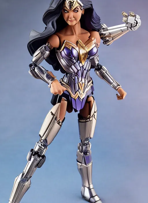 Prompt: transformers decepticon lynda carter's wonder woman action figure from transformers : kingdom, pvc figurine, symmetrical details, gunpla, android, robot girl, by hasbro, takaratomy, tfwiki. net photography, product photography, official media