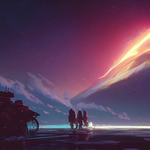 Prompt: thundering across the stars by andreas rochas, dan mumford, craig mullins, killian eng and makoto shinkai. 8 k, intricate details, illustration, dynamic lighting, unreal engine, featured on artstation, soft glow, lens flare