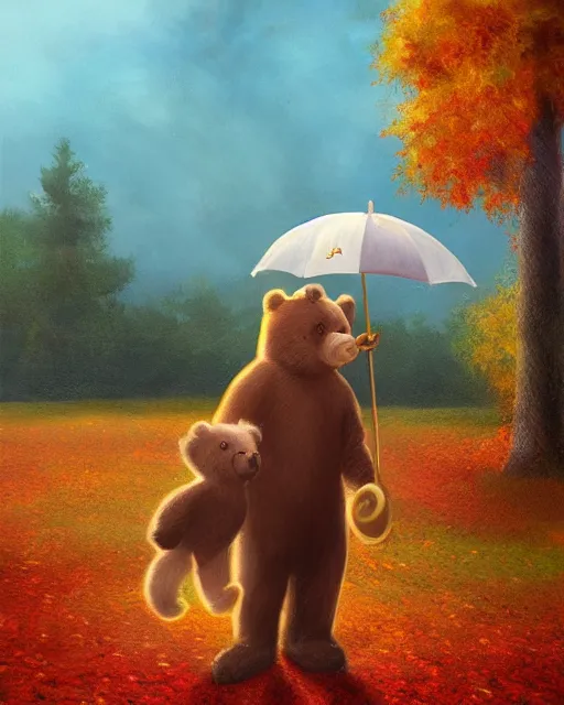 Image similar to autumn a bear with an umbrella by samuel smith trending on artstation