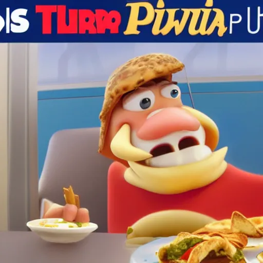 Image similar to disney pixar animation of phil the power taylor eating a kebab in a bus station