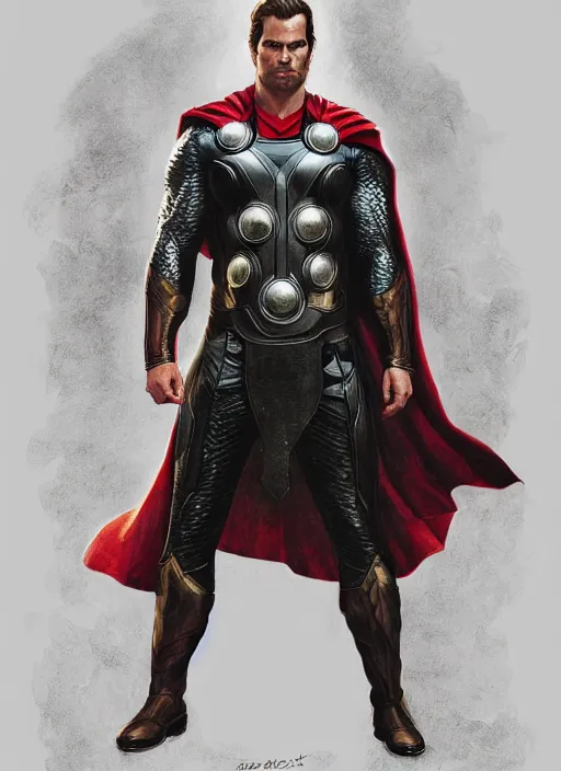 Image similar to Henry Cavill as Thor, fantasy, intricate, elegant, highly detailed, digital painting, artstation, concept art, smooth, sharp focus, illustration, art by artgerm and greg rutkowski and alphonse mucha