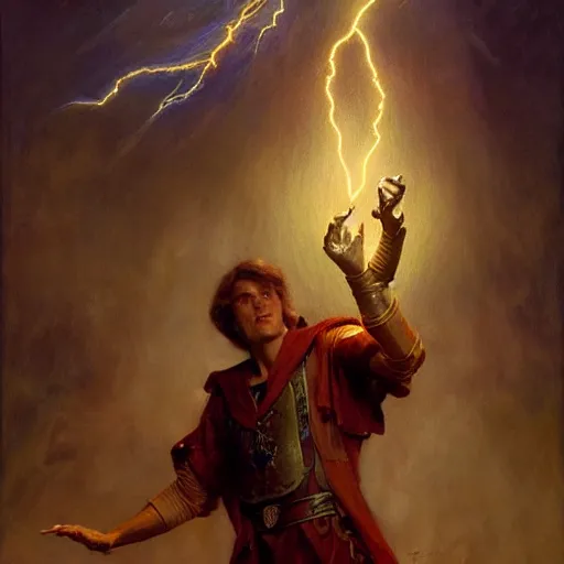 Prompt: stunning male master wizard summoning lightning, highly detailed painting by gaston bussiere, craig mullins, j. c. leyendecker, 8 k